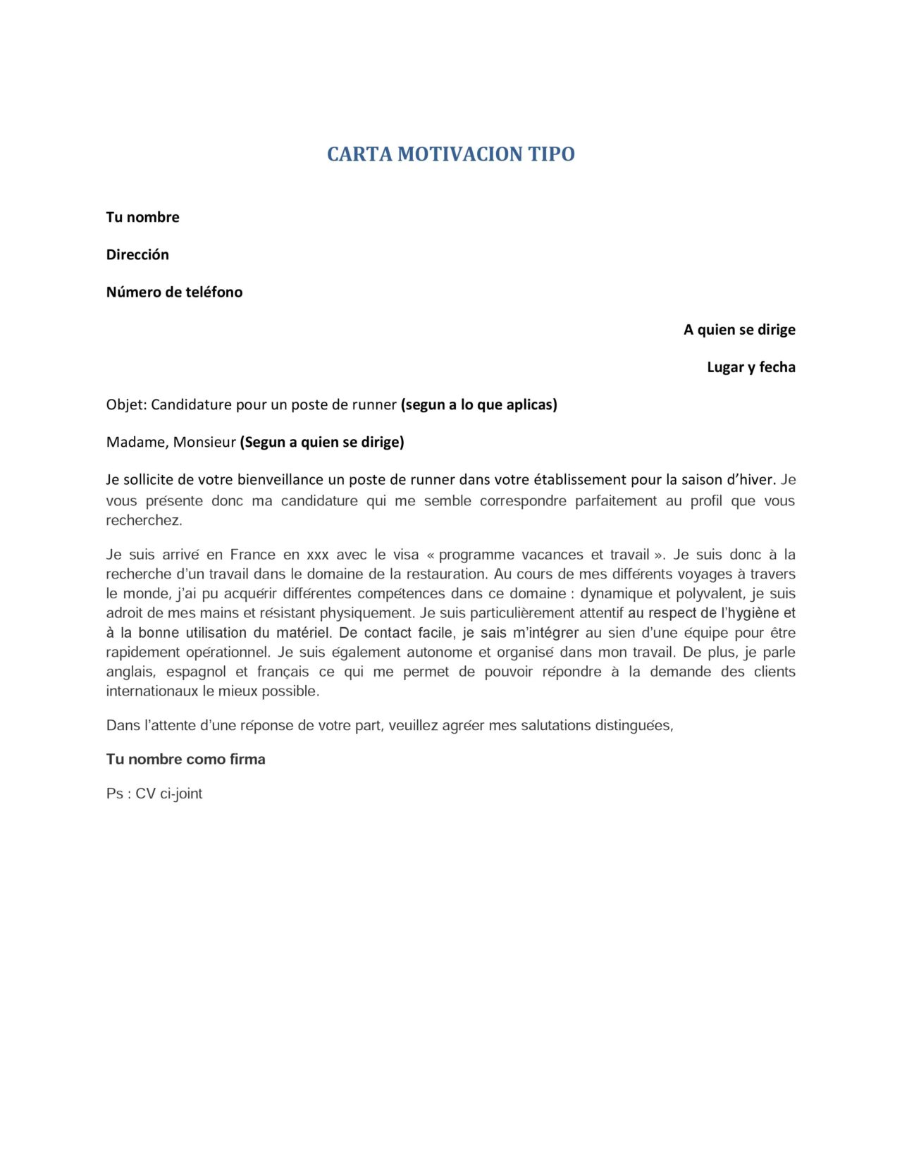 Carta Tipo WORKING HOLIDAY VISA